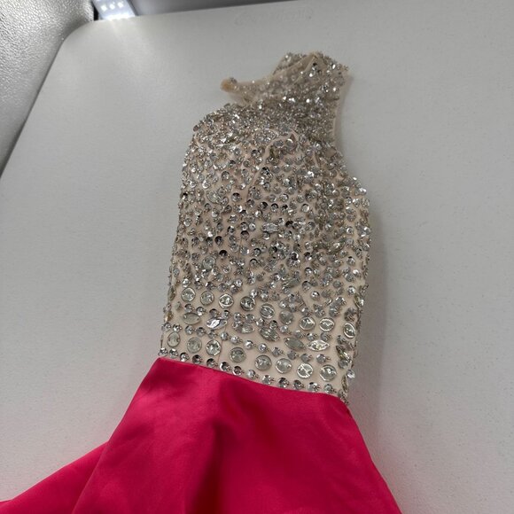 Beaded Rhinestone Bodice Pink Skater Dress Open Back Sleeveless Design Embellish - Picture 10 of 11